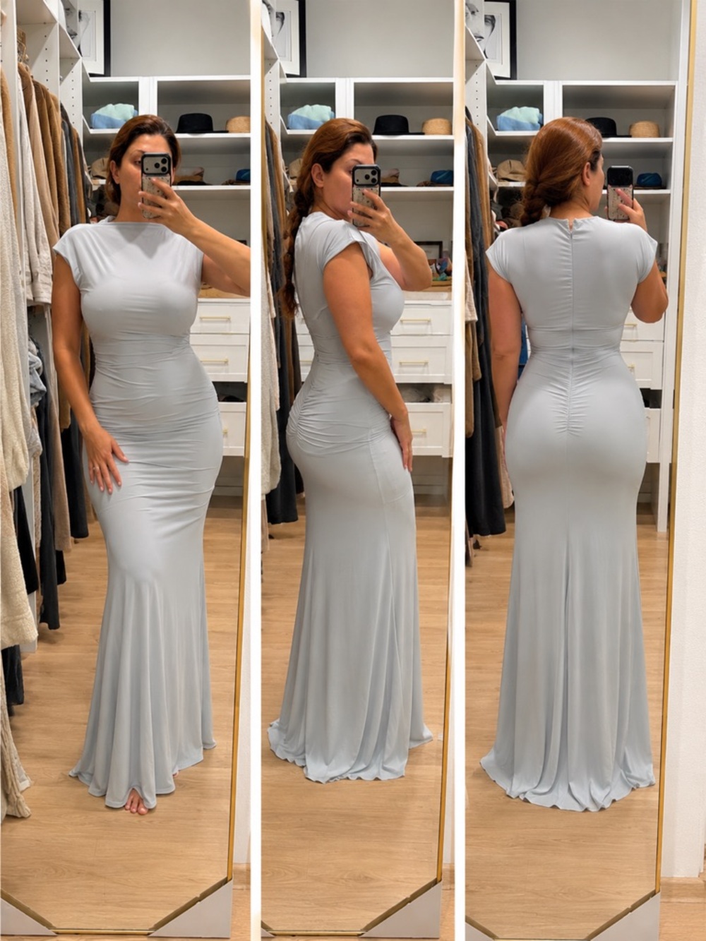 Sleek Light Gray Cap-Sleeve Maxi Dress